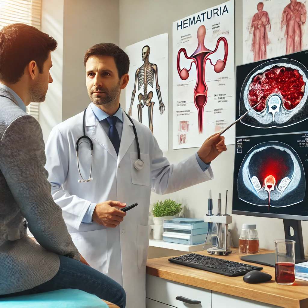 A urologist consulting a patient in a doctor's office about hematuria, with a bladder scan displayed on the computer screen and medical diagrams on the wall.