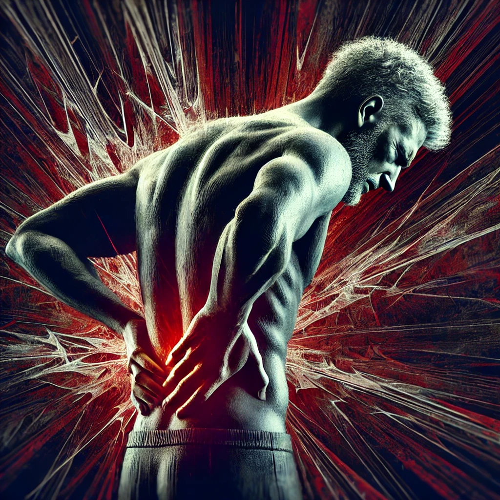 An image depicting a person clutching their lower back in severe pain due to kidney stones, with an abstract background of jagged shapes and intense colors symbolizing the agony of the condition.