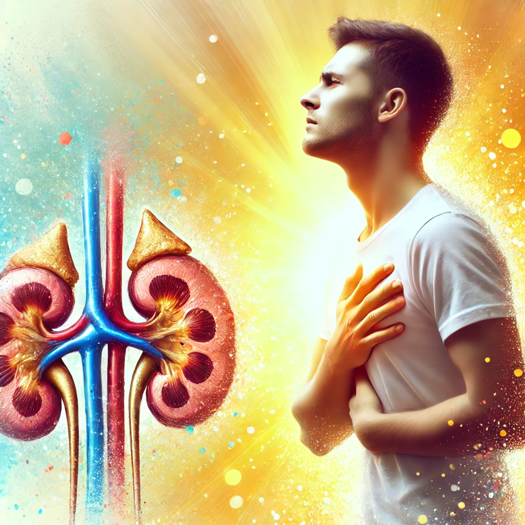 A powerful image of a person standing up straight, holding their hand to their chest with an expression of relief and peace. The bright and warm colors in the background symbolize healing and recovery after successfully passing or removing a kidney stone.