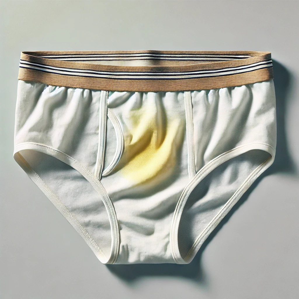 "A close-up image of a pair of underwear with a subtle, pale yellow stain, resembling the color of condensed milk, representing a potential symptom of urethritis or another urological issue."