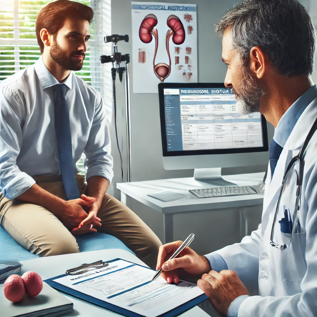A urologist reviewing a patient's medical history in a consultation room, with a clipboard and computer displaying medical records, while the patient listens attentively. The room has a calming and professional atmosphere.